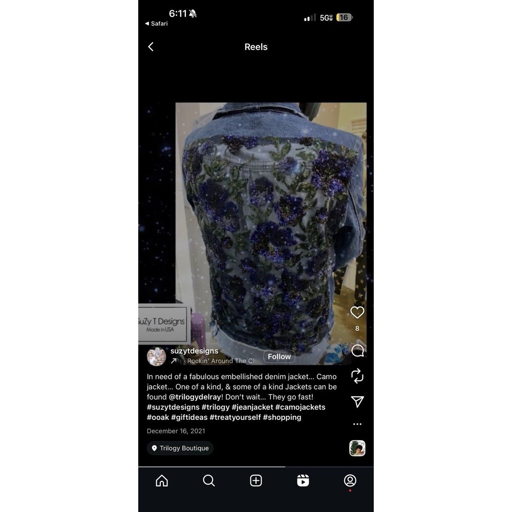 Suzy T Designs Sz L Lace Back Denim Jacket Blue Statement Couture Floral Boho - Picture 6 of 16